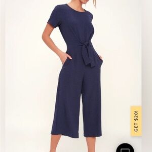 Lulus Small Main Thing Navy Blue Tie-Front Short Sleeve Culotte Jumpsuit